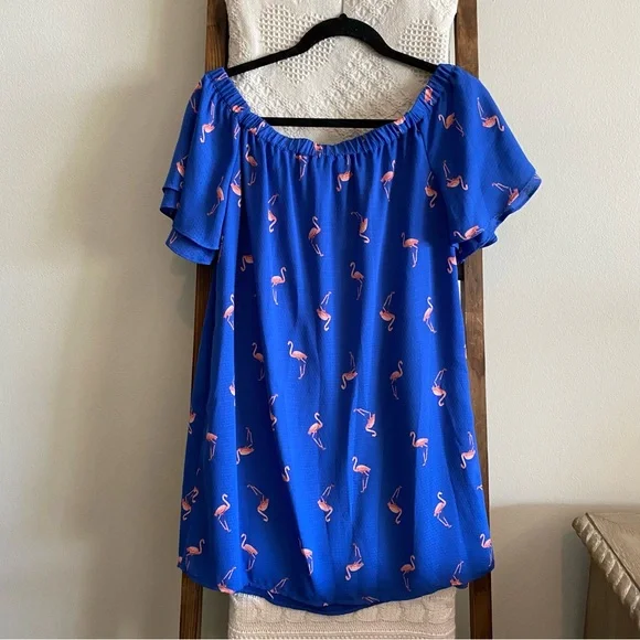 NWOT 19 Cooper blue & pink flamingo print short sleeve dress - Picture 4 of 4